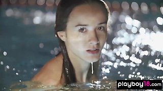 Steamy swimmer posing on the starting block