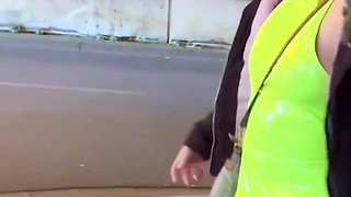 Public Walk and Flashing in Lingerie and Stockings