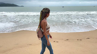 Public Wetting Jeans in Park Near the Beach