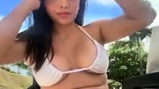 Busty curly brunette with big boobs fucks on couch