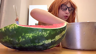 Giantess Stepsister Eats Watermelon and Is Really Horny While Tiny Stepbrother Watches Giantess Stepsister Eat