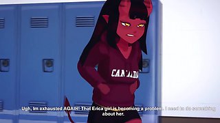 3d animated cartoon of a sexy devil girl fucking with threed nerdy dicks