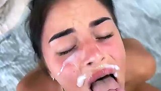 Hot Russian brunette slut get facial after hard pounding