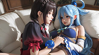 Sfw Aqua and Yunyun From Konosuba Soft Show Touching and Kissing Lesbian