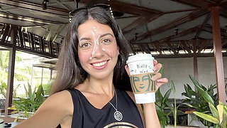 Blowjob in a Public Toilet Starbucks and Cumwalk - She Drinks Coffee with Cum...