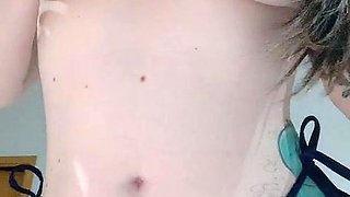 Busty curly brunette with big boobs fucks on couch