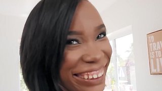 Cute ebony maid Ivory Logan loves her first white cock