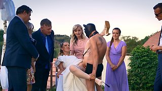 Aroused bride shared by her family in a loud outdoor cuckold fetish