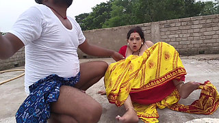 Beautiful Indian Village Aunty Hot Romance Big Boobs Press and Pussy Fucking on the Roof Over