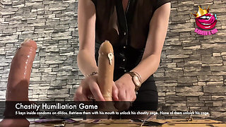 Chastity Humiliation Game: Use Your Mouth to Get Your Chastity Key From Condoms on Dildos