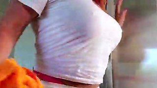 Busty curly brunette with big boobs fucks on couch
