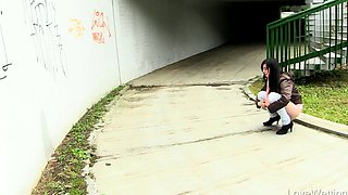 Brunette Flashing Her Titties And Pussy Outdoors In Public