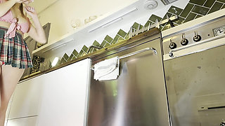 Flexible Hot Wife in the Kitchen Does Gym Training at Home by Spreading Legs and Taking Her Panties off Under Her Mini Skirt