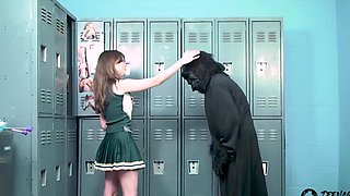 Beautiful long-haired brunette gets some locker room action.