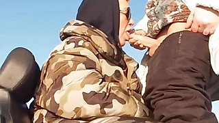 Seduced stepmother in the field in winter
