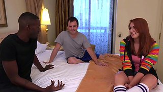 Redhead fucking a black man in front of him