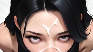 Black bob haired girl deepthroats cock in dim window room