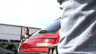 Blowjob at the jankyard and fucking on the hood of the car
