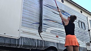 Hot brunette amateur MILF rides hubbys cock