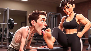Strong Muscular Woman Makes Skinny Slave Lick Her Feet