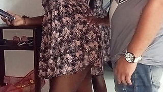 My neighbor welcomes me in a mini dress