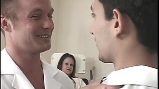 Two bisexual male nurses get naughty with a young babe at the doctor's