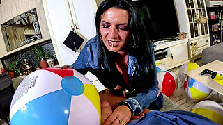 Denim Beach Ball Humiliation: Deepthroat, Popping, Doggy and Double Cum