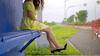 128 Subtle Outdoor Flirting with Passing Drivers at a Bus Stop. Do You Like My Legs? 60fps
