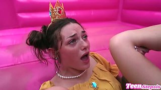 Johnny Love fucks petite Princess Peach cosplayer Shrooms Q with his huge cock in bouncy castle missionary sex