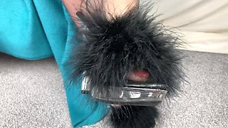 Sexy Mature Granny Mrs MF Teases with Stripper Heels Foot Dangle & Toe Wiggle in Black Stockings