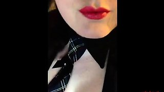 Cute chester bird girl teases red lipstick