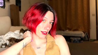 Small titted redhead amateur riding penis in close up
