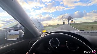 German Blonde Hitchhiker Picked Up for Risky Outdoor Car Sex POV