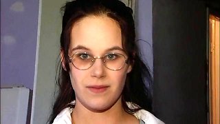 Glasses Cute Brunette Slurps Big Cock on Toilet