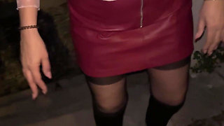 Slut with Ball Gag Outdoors: Sheer Top Big Tits and Leather Mini Skirt