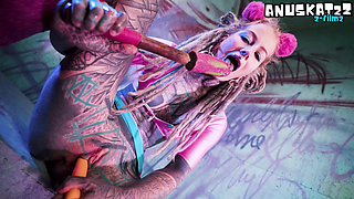 Dark Goth Babe with Full Sleeve Tats DP's Her Ass & Pussy Solo - Sweaty Toy Fucking & Ass-to-Mouth