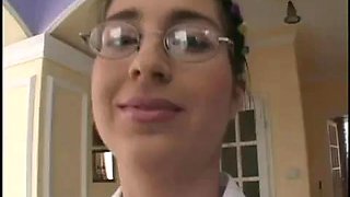 Cute nerd gives up her ass to three guys