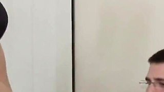 While her friend is taking a shower the sexy blonde fucks the guy's dick