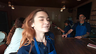 Nasty horny ginger deepthroats and orgasms on riding fat cock