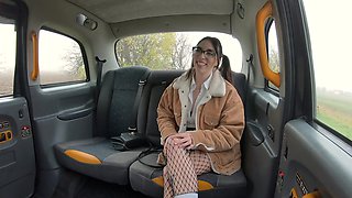 Nerdy young babe in sexy fishnets lets horny cab driver fuck her like a bull