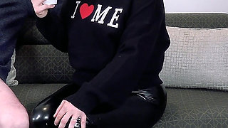 Sexy MILF Sucks Dick in Latex Leggings and Gets Slapped