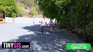 Stepbrother fucks his petite cute blondie stepsister after playing outdoor
