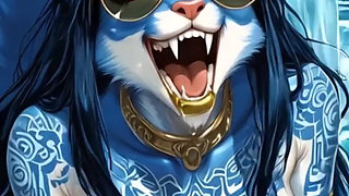 122. Blue Furry Demon Dance and Sexy Pose at Waterfall (Ai Animation)