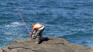 Hairy pussy young brunette takes 3some ass fuck on the beach