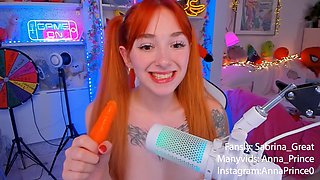 Kinky redhead girl enjoys some carrot snacks in an ASMR style