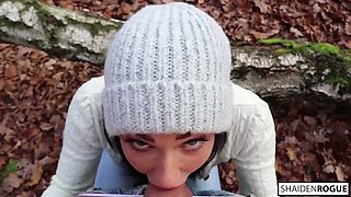 Freckled Teen Shaiden Rogue Sucks and Swallows Big Cock in the Woods