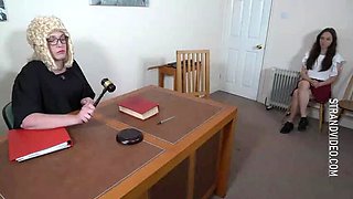 Sarah Stern as Mila the Judge Spanking and Punishing Guilty Teen in Lesbian BDSM Courtroom Scene