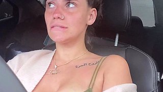 Busty curly brunette with big boobs fucks on couch