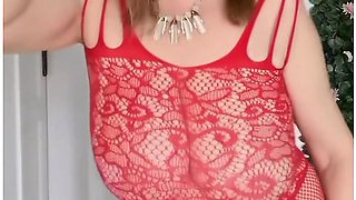 Slow Burn In Red Mature Seduction In Bodystockings And Heels, Close Up Pussy Play