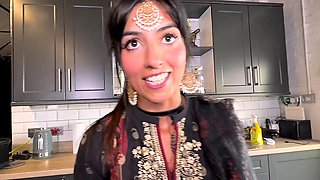Desi babe is getting really thirsty for some hard cock in the kitchen